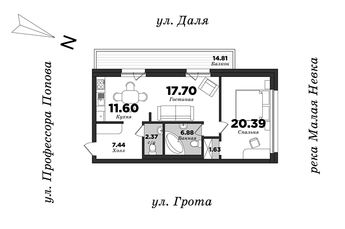 Dom na ulitse Grota, 2 bedrooms, 68.02 m² | planning of elite apartments in St. Petersburg | М16